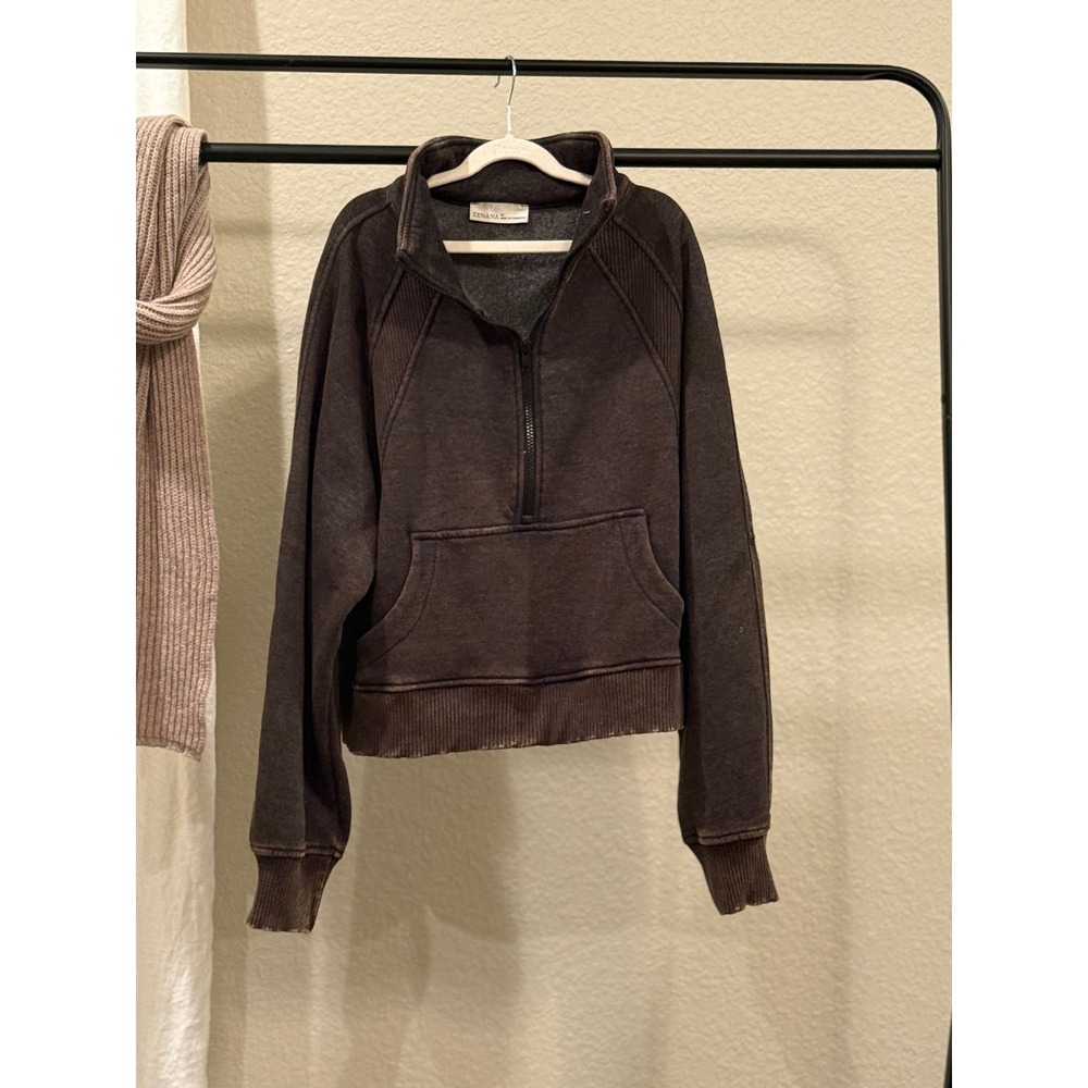 Zenana Womens Mineral Wash Quarter Zip Pullover Sweatshirt Brown Medium